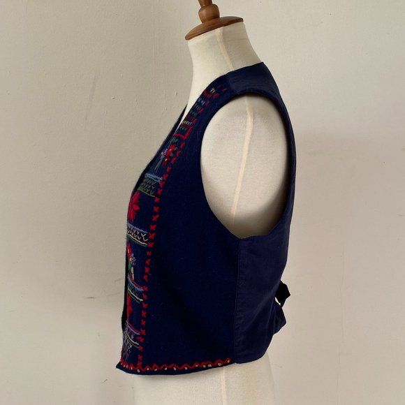 Vintage Embroidered Folk Art Vest Navy Blue Wool Button Up Vest - Picture 6 of 14